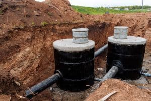 Two large black-coated septic tanks with concrete lids and connecting drainage pipes installed in a deep excavated trench surrounded by exposed soil at a construction site.